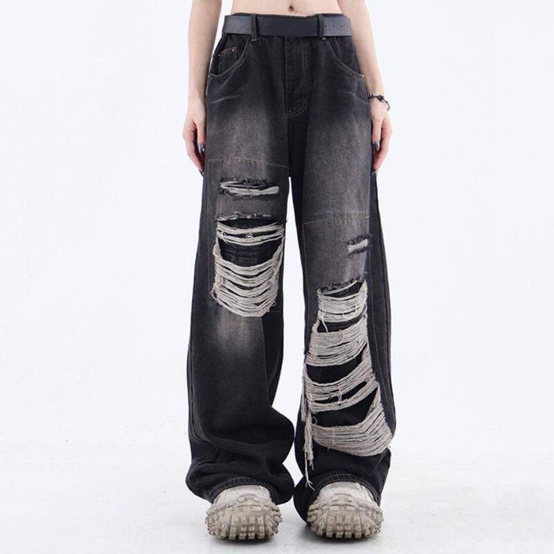 Jeans feminino vintage gótico de cintura alta de perna larga com buracos rasgados, estilo hip-hop com cores sólidas para um