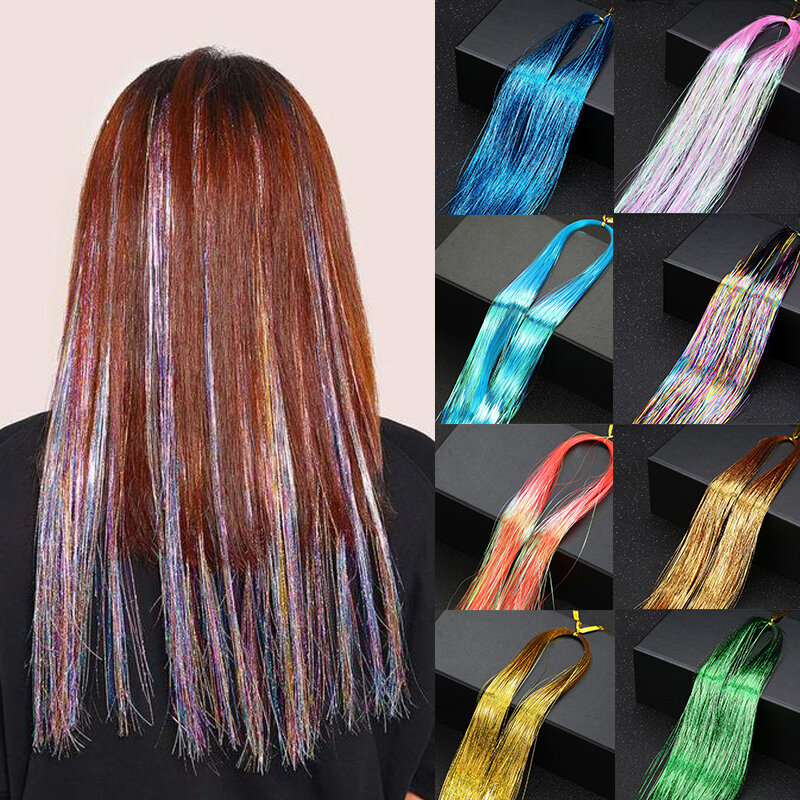 Блестящие разноцветные головные уборы для девочек, 36/48 дюйма, лазерные накладные волосы, декоративные блестящие полоски для наращивания
