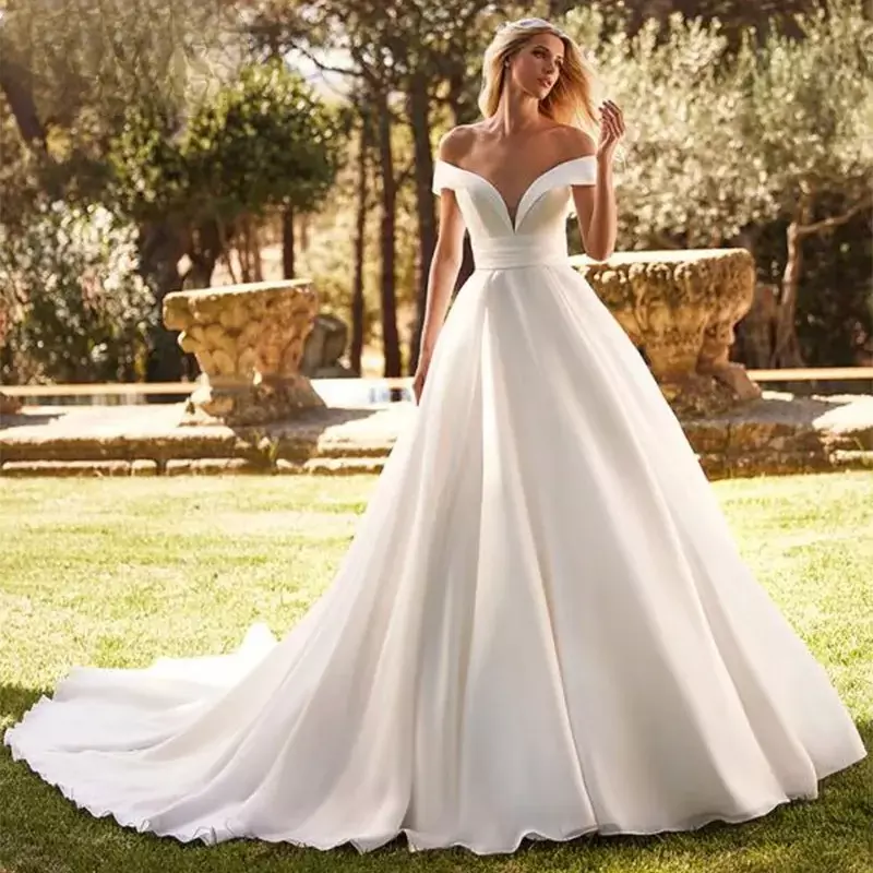 Schulter frei Hochzeits kleid elegante A-Linie V-Ausschnitt Vestidos de Novia Court Zug knöpfe nach Maß für Frauen