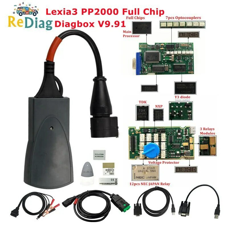 Herramienta de diagnóstico profesional, Chips completos Lexia3 PP2000 OBD2 Diagbox V9.91 Firmware 921815C para Citroen y Peugeot Lexia 3 V48/V25