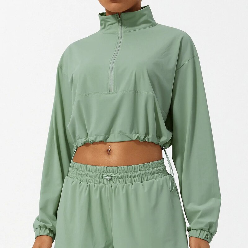 Meia Zip Alta Pescoço Proteção Solar Yoga Suit Jacket, Proteção UV, Casaco De Pele Ao Ar Livre, Capuz De Cordão