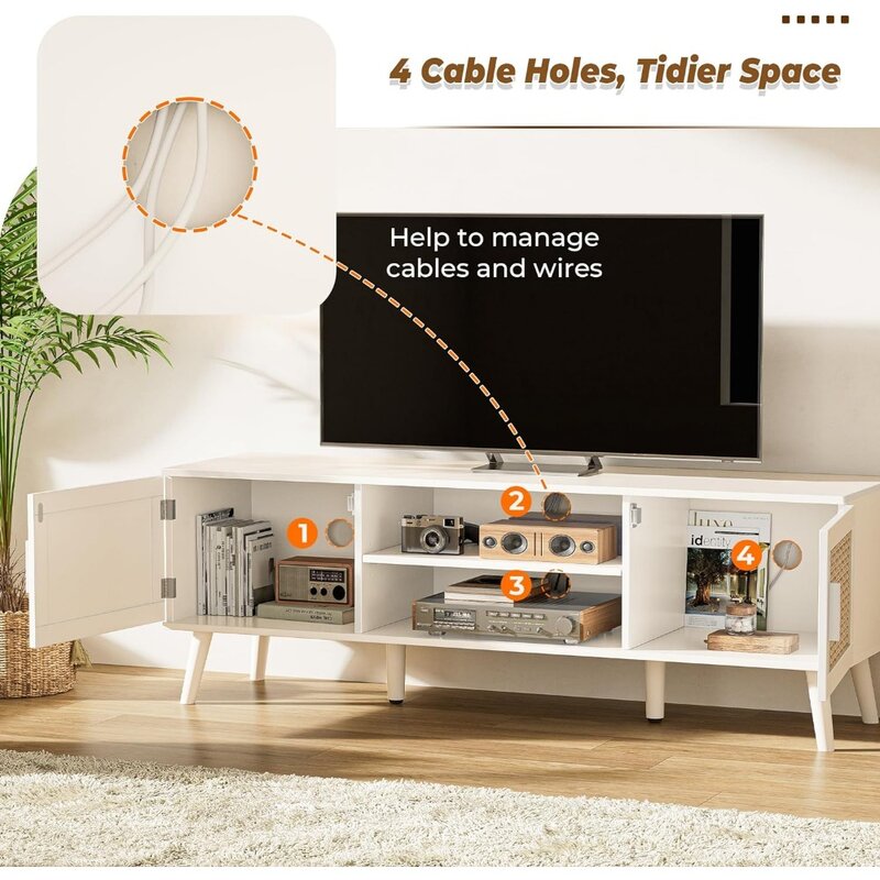for Living Room Tv Stand Solid Wood Feet Furniture Rattan TV Console With 2 Cabinets Entertainment Center With Adjustable Shelf