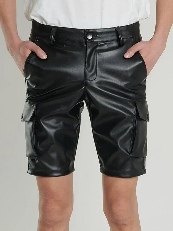 Męska czarna matowa sztuczna skórzane szorty męska krótkie spodnie w stylu Cargo Stretch z kieszenią wąskie proste spodnie na zamówienie 2024