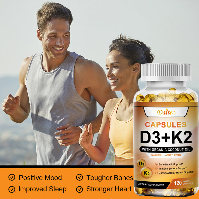 Витаминные добавки K2 + D3 поддерживают плотность кости, зубы и кожу, здоровье сердца и поддерживают иммунитет.