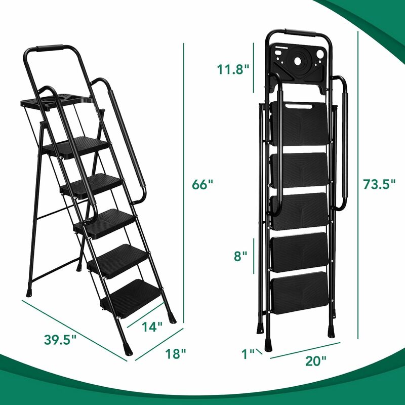 Delxo 5 Step Ladder with Tool Platform 5 Step Stool Folding Step Ladder with Handrails Sturdy& Portable Steel Five  Ladder