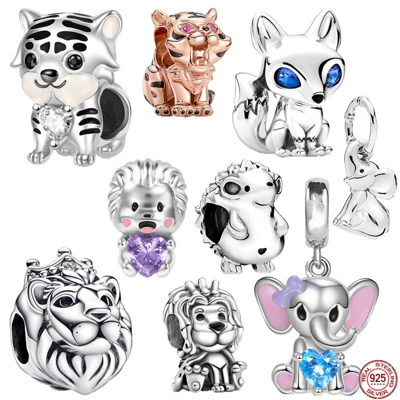 925 Sterling Silver Dangle Charm Beads, se encaixa pulseira Pandora original, jóias, raposa, ouriço, elefante, leão, tigre, moda, bem vender