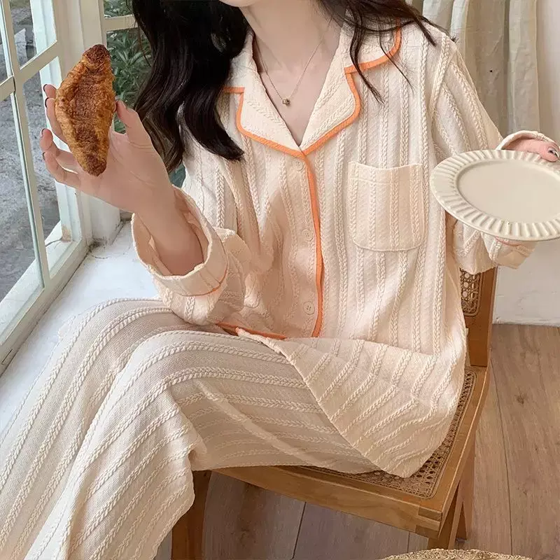 Autumn New Women Long-Sleeved Cotton Thin Pajamas Comfort and Casual Home Wear Loose Breathable Two-Piece Suit 2023