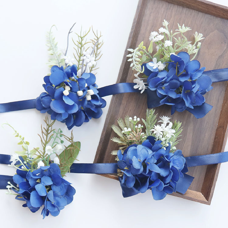 Flores de simulación Floral para boda, suministros para Celebración de negocios, flores de pecho para invitados, flores de mano azules, 2415