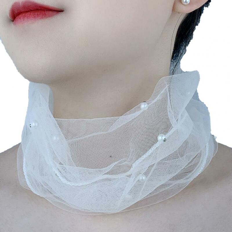 Bufanda de encaje de Organza elástica elegante, envoltura de cuello elástica multifuncional, decoración de perlas de imitación, nuevo en el cuello