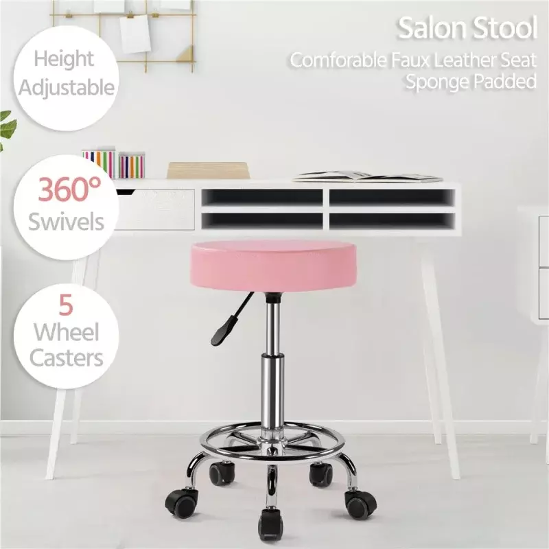 Smilemart-ホイール付きの調整可能な革製サロンツール、ピンクの医療およびタトゥー