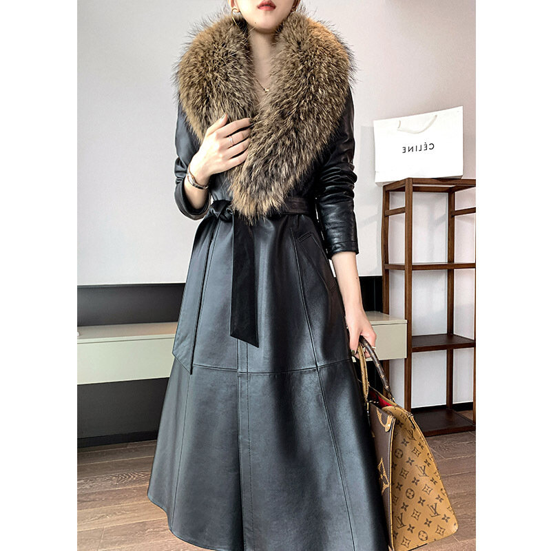 autumn/winter Fashion genuine leather down jacket women's long coat slim fitting new sheep skin raccoon fur collar fur coat