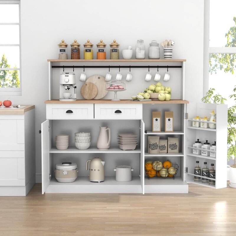 Aparador Buffet Cabinet com prateleiras ajustáveis, 2 gavetas, Farmhouse Kitchen Pantry Cabinet, Coffee Bar Armário