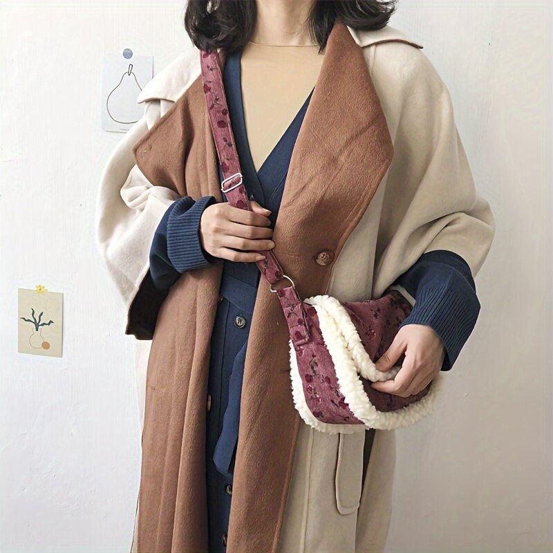 Bolso cruzado pequeño empalmado de lana de cordero de pana, estilo perezoso, bolso de hombro versátil, nuevo, Otoño e Invierno
