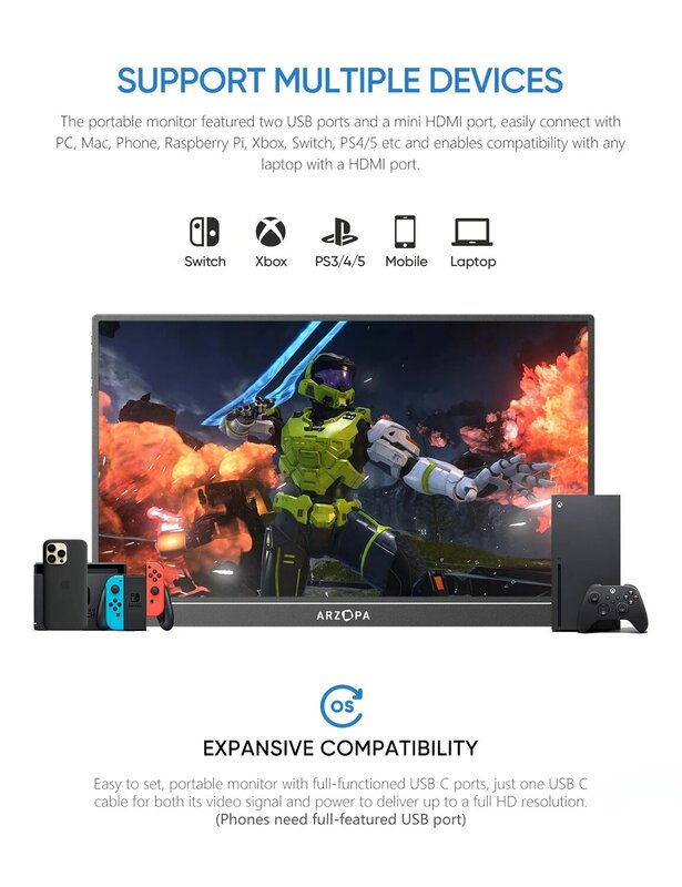 ARZOPA 16.1'' 144Hz 1080P FHD Portable Gaming Monitor HDR External Second Screen for Switch, Xbox, PS5,Laptop,PC,Mac,Raspberry