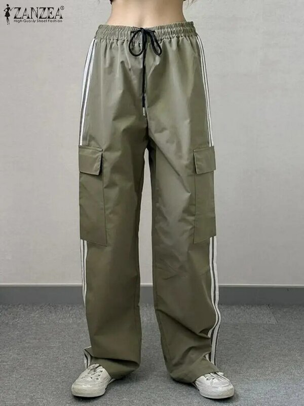 ZANZEA-Calças femininas de cintura alta com elástico, calças casuais femininas vintage, macacão de moda coreana, verão