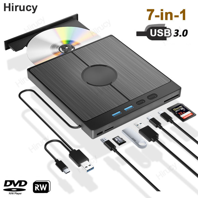 7-in-1 USB 3.0 Tipo C CD Externo DVD RW Unidade óptica Leitor de gravador de DVD Unidade multifuncional para Windows Mac PC Laptop