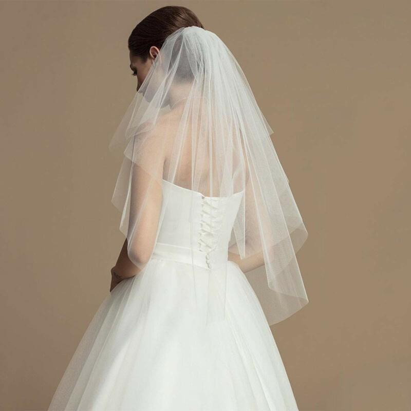 2 Tiers Bride Wedding Veil Short Fingertip Bridal Tulle Veil with Comb and Cut Edge
