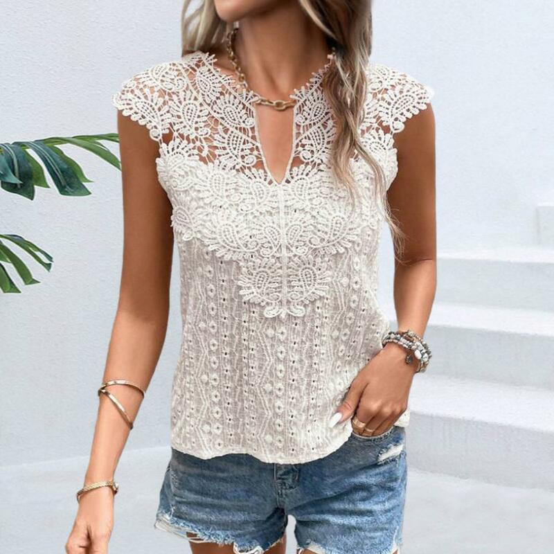 Women Lace Top Stylish V-neck Lace Floral Women's Summer Tops Slim Fit Solid Color Pullover Tops for Wear Short Sleeve Hollow