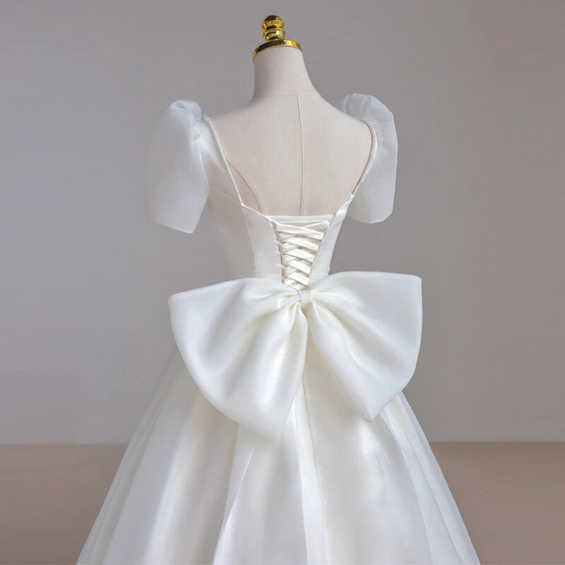 Maxi vestidos de novia de satén blanco de lujo francés para novia, elegante, Sexy, Delgado, manga abullonada, largo, fiesta de graduación, 2022