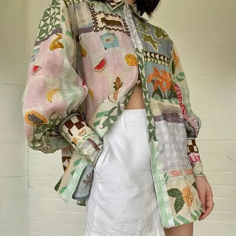 Nuova camicia da donna stile elegante Polo collo manica lunga stampa moda pittura colorata Casual sciolto top manica lunga da donna OFE16