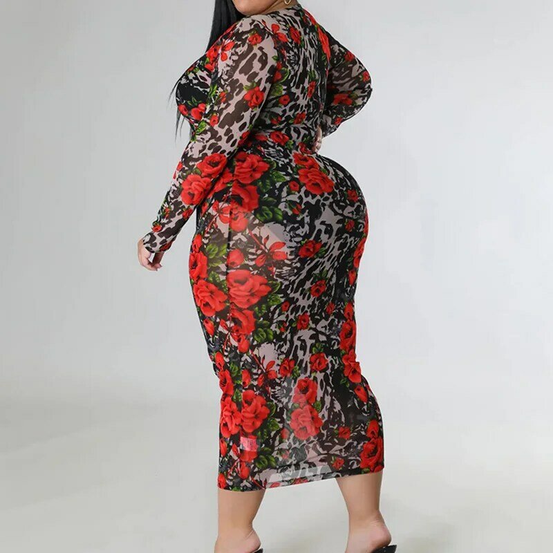 Plus tamanho roupas femininas outono em torno do pescoço floral impressão elasticidade perspectiva saco hip manga longa magro vestidos elegantes