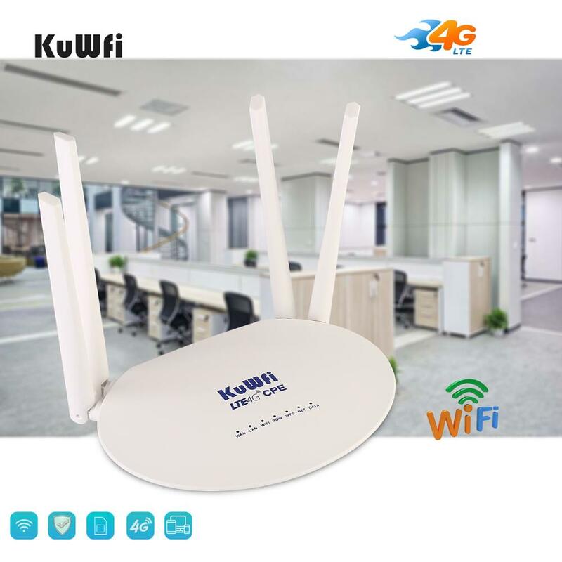 KuWFi-جهاز توجيه CPE لاسلكي مع بطاقة Sim ، واي فاي 4G ، Mbps ، نقطة ساخنة منزلية غير مقفلة ، 4 هوائي خارجي ، 32 مستخدمًا