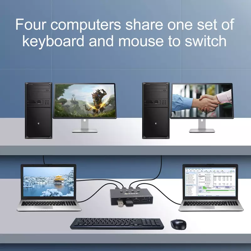 USB 2.0 kvmスイッチャースプリッターボックス,4出力,4ピース,USBデバイス,コンピューター,プリンター,キーボード,マウス
