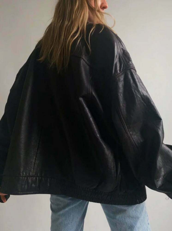 Women Fashion Leather Jacket Vintage Leather Oversized Bomber Jacket Outfit
