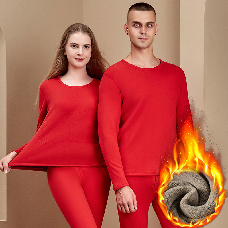 2023 New Style Couple's Traceless De Rong Thermal Underwear Set Men's Round Neck Slim Fit Plush Thickened Winter Underwear Suit