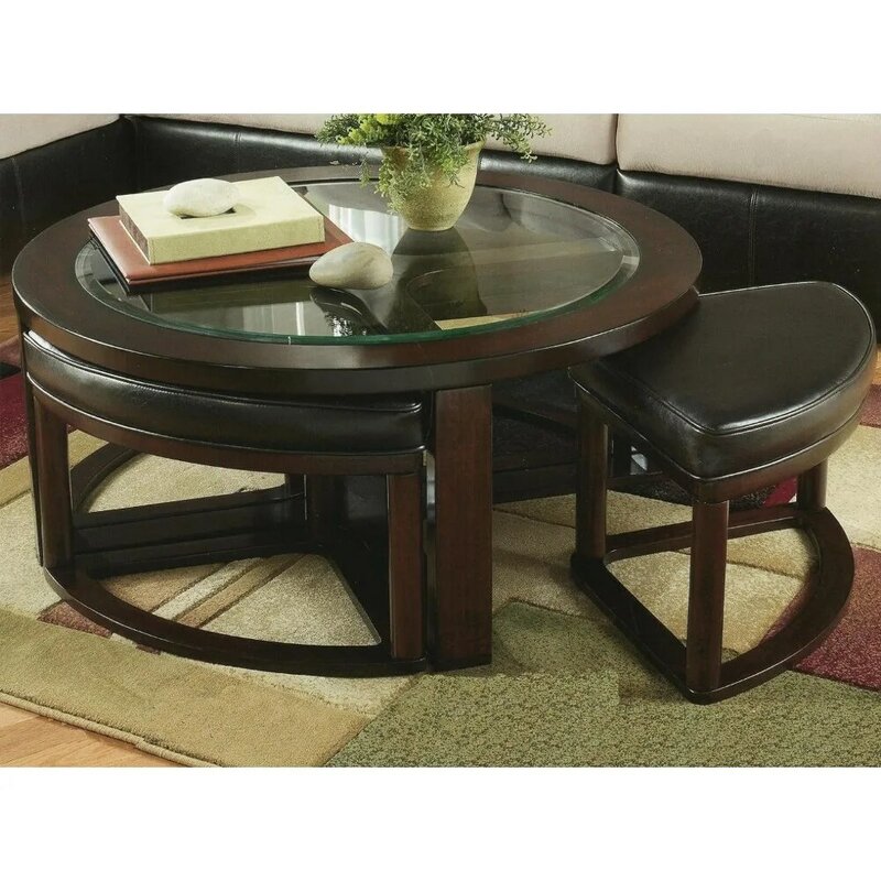 Cylina Solid Wood Glass Top Round Coffee Table with 4 Stools, Espresso