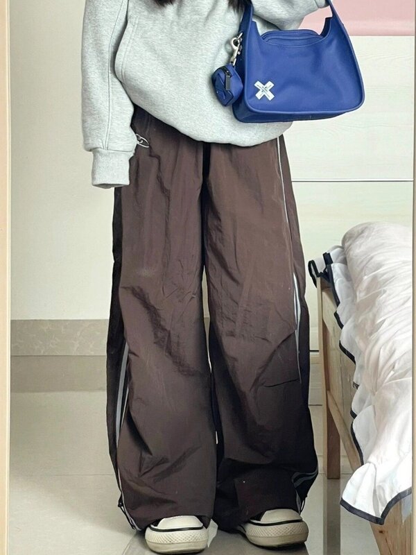 Houzhou กางเกงแฟชั่นสไตล์วินเทจสำหรับผู้หญิง, Y2k แนวสปอร์ตทรงหลวมอเมริกาแบบย้อนยุค