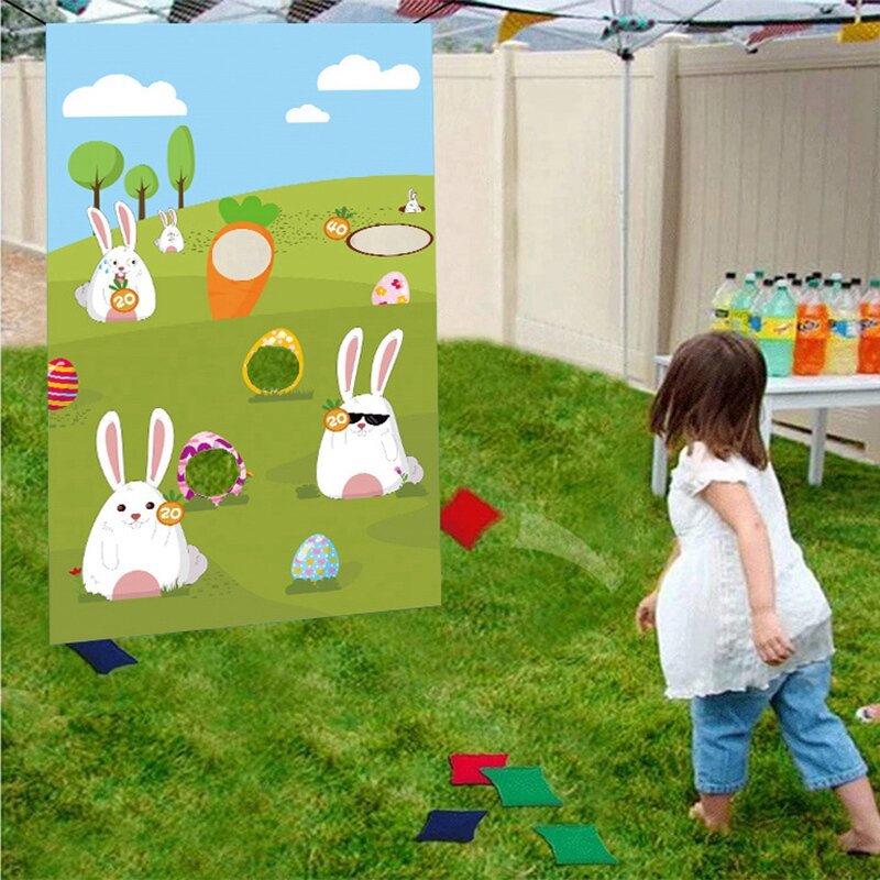 Bandeira do jogo do lance do coelho do dia de Páscoa, banner temático do coelho, brinquedo das crianças, saco de feijão, carnaval
