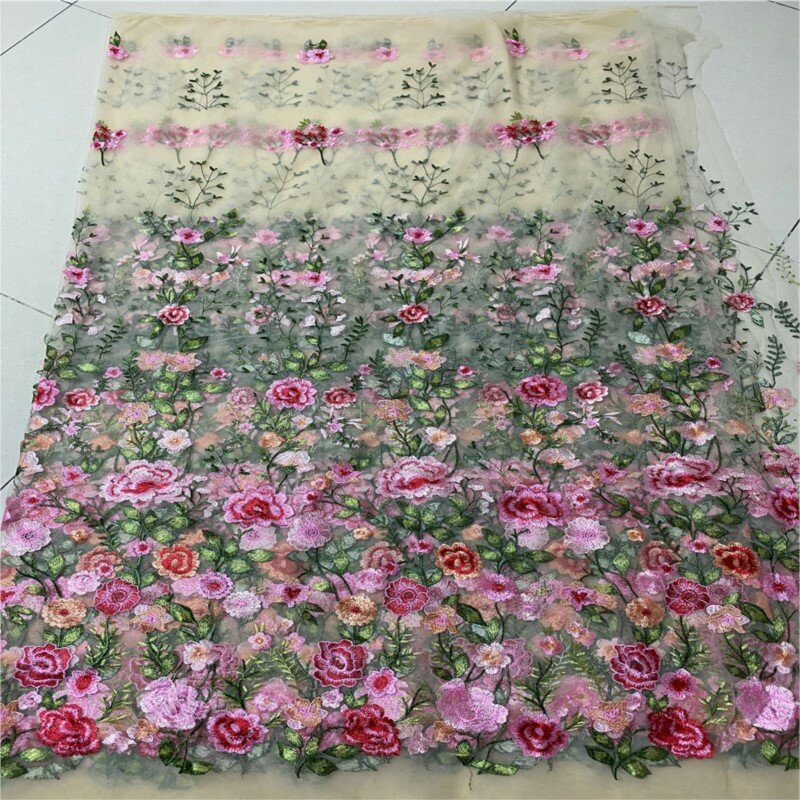 Tela de malla de flores bordadas planas multicolor, estilo Pastoral, ropa de mujer, vestido