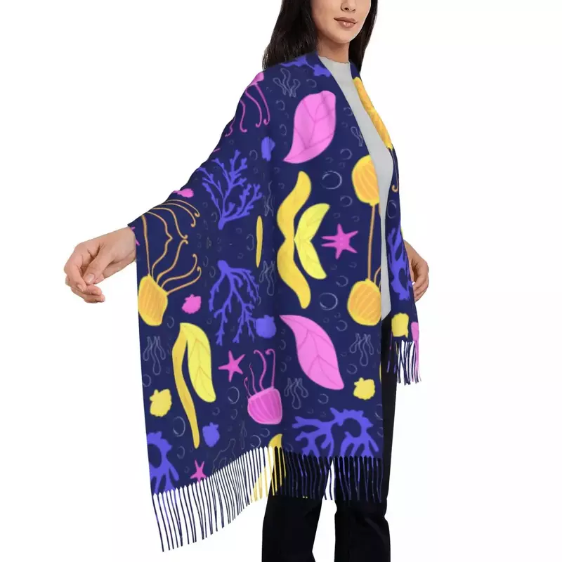 Personalized Printed Deep Blue Background Sea Floor Long Pile Fringe Men Scarf Women'S Anti Chill 