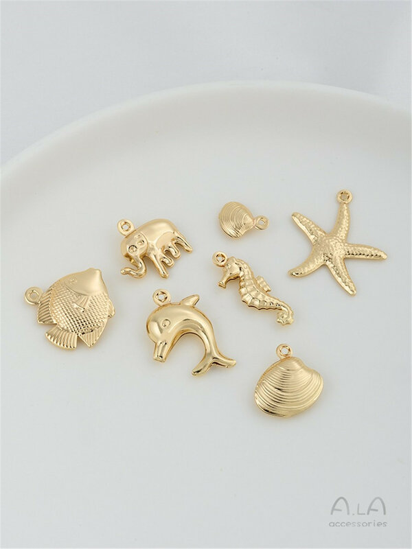 Paket emas 14K liontin seri biologi laut cangkang lumba-lumba, bintang laut, liontin gajah Aksesori Perhiasan DIY B360
