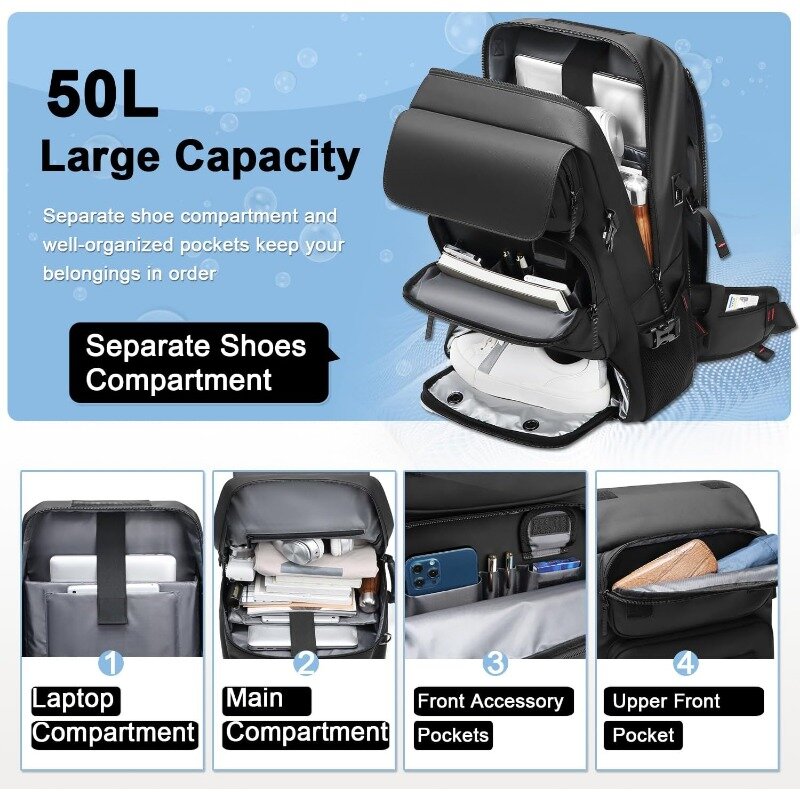 Mochila para portátil de 17 pulgadas con compartimento para zapatos y puerto de carga USB, mochila para senderismo y Camping aprobada por la aerolínea, 50L