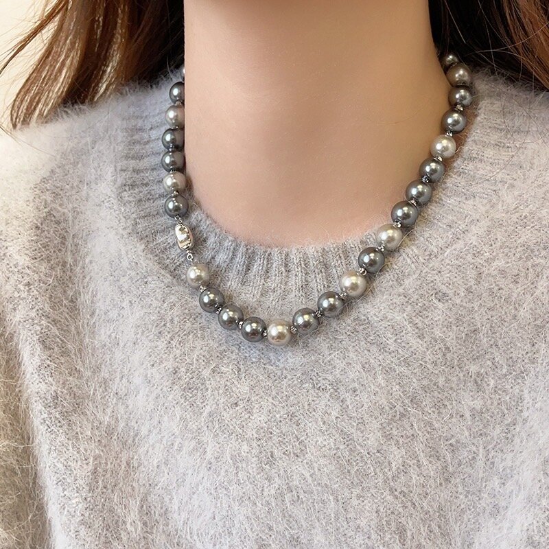 Ingot buckle Shijia pearl necklace Tahitian Morandi sweater necklace