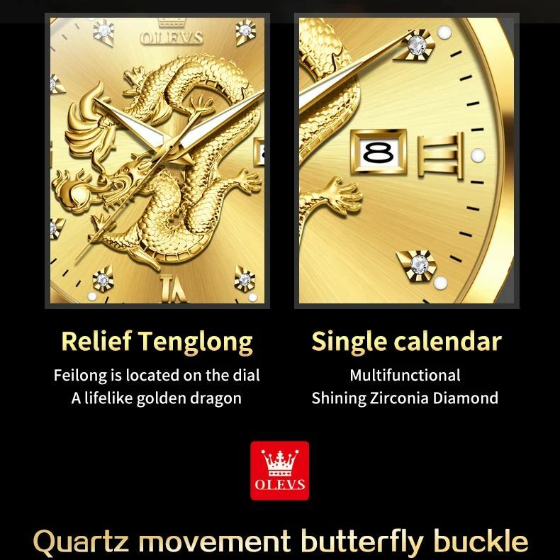 OLEVS 3619 Men's Watches Dragon Watch Gold Stainless steel Diamond Calendar Luxury Brand High Quality Quartz Watch for Man NEW