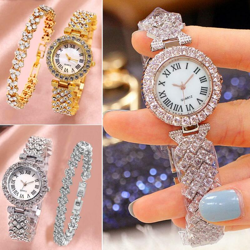 2 teile/satz Frauen Uhr Armband Kit glänzende Strass steine eingelegt Geschenk Dame Quarz Armbanduhr Armreif Schmuck Mode accessoires
