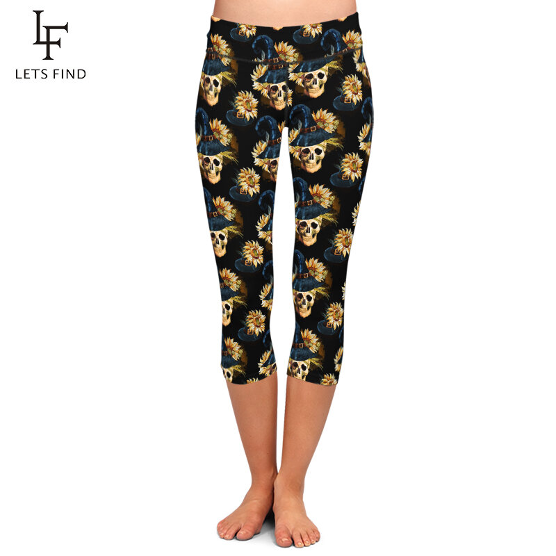 LETSFIND-pantalones de cintura alta para mujer, calaveras y flores con estampado Digital de seda de leche, Leggings Capri de Fitness negros sexys de verano