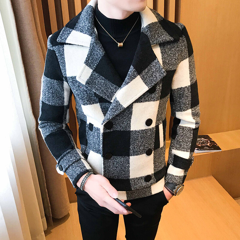 Casaco de lã curto masculino para outono/inverno de alta qualidade moda masculina duplo breasted xadrez negócios casual grosso quente jaqueta