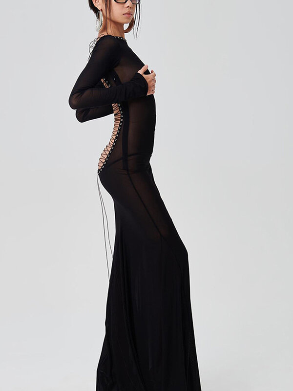 المرأة مثير انظر من خلال فستان طويل Y2k كم طويل شفاف شبكة فستان بلا ظهر Bodycon حفلة كوكتيل فستان كلوبوير