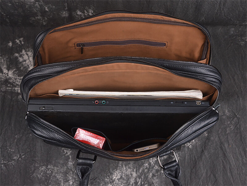 Maletín de cuero genuino A4 para hombre y mujer, bolsa de mensajero para ordenador portátil de 14 pulgadas, con 2 bolsillos principales, color negro, M1814
