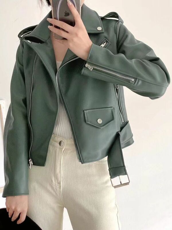 Новое поступление 2022, брендовые зимние и осенние мотоциклетные кожаные куртки, Зеленая кожаная куртка, женское кожаное пальто, облегающая куртка из искусственной кожи