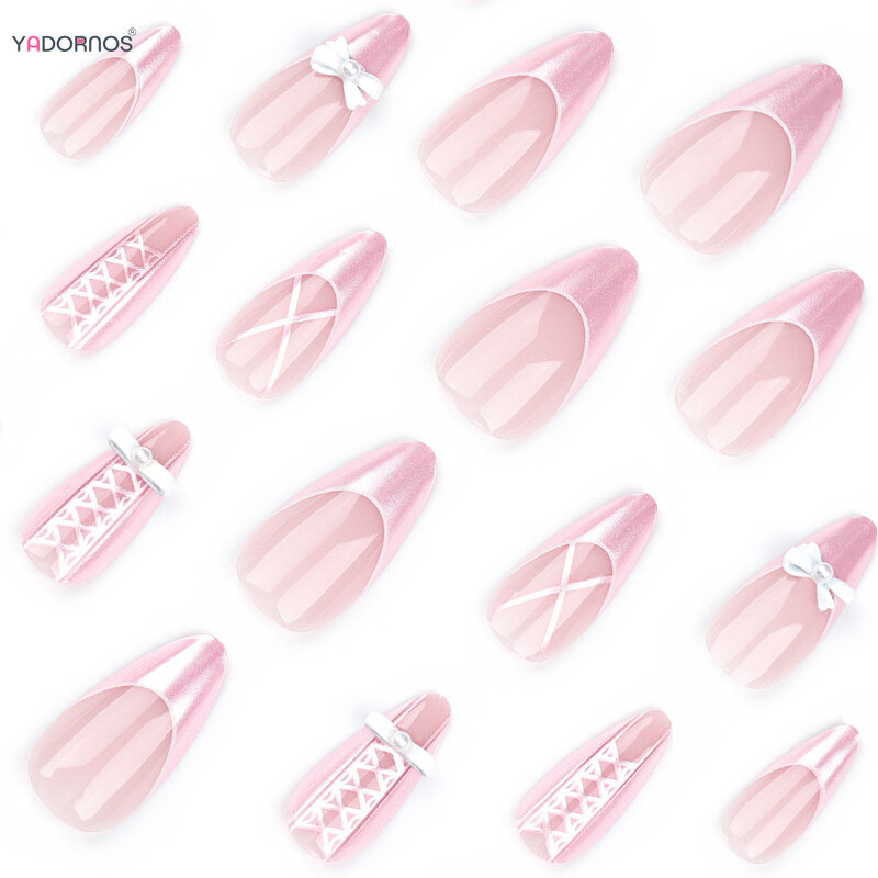 Uñas postizas de estilo francés para mujer y niña, uñas postizas de Ballet rosa, almendra, usable, puntas de lazo, diseñado para manicura DIY