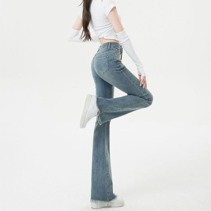 QWEEK kobiety spodnie Flare błękit wiosny biuro pani wysoki stan w stylu Vintage elegancka elastyczna dżinsy z szeroką nogawką koreańska moda uliczna