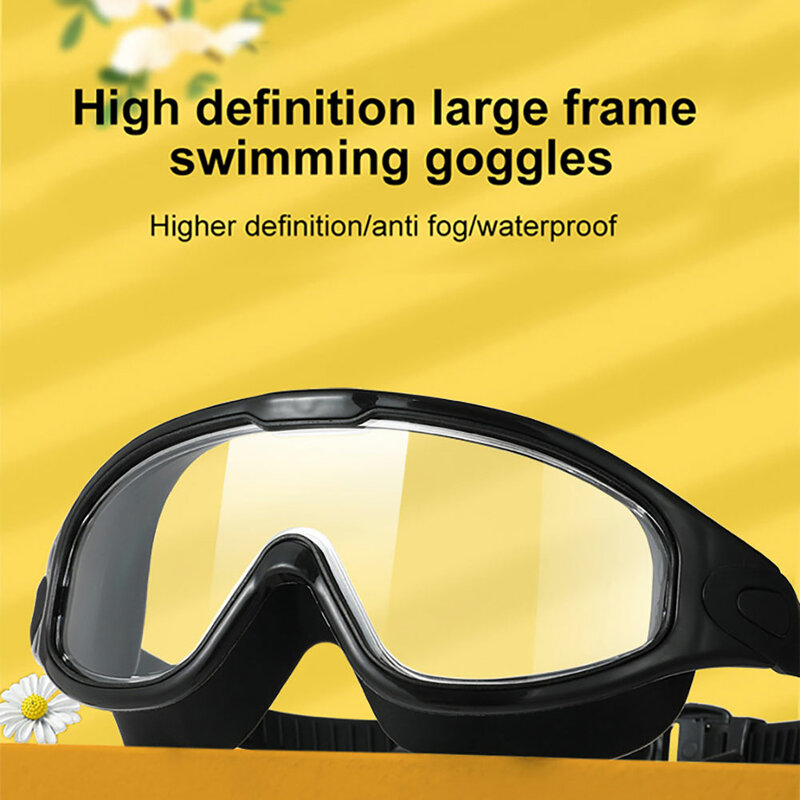แว่นตาว่ายน้ำกรอบใหญ่สำหรับผู้ใหญ่ที่มีที่อุดหูแว่นตากันน้ำแว่นตาป้องกันการเกิดฝ้า HD สำหรับมืออาชีพแว่นตาซิลิโคน