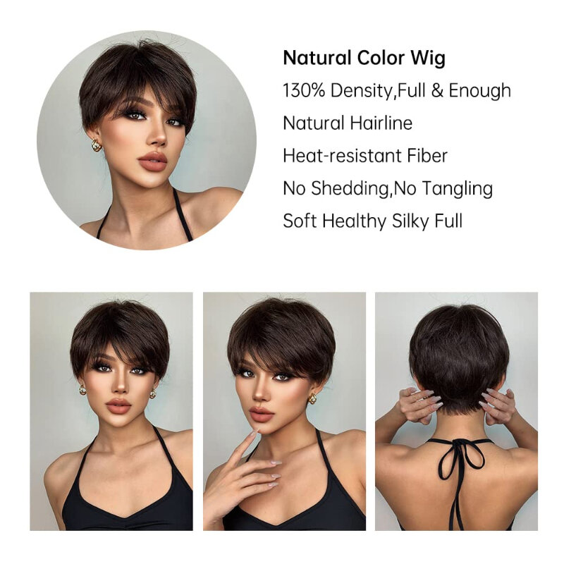 Peluca corta y recta con flequillo para mujer, pelo sintético con corte Pixie marrón oscuro, resistente al calor, aspecto Natural, uso diario