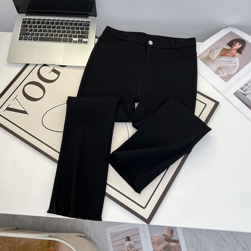 Fall/Winter 100kg Fleece-lined Micro Flare Small Black Pants Plus Size Women's Casual Simple Ankle Length Bottoms