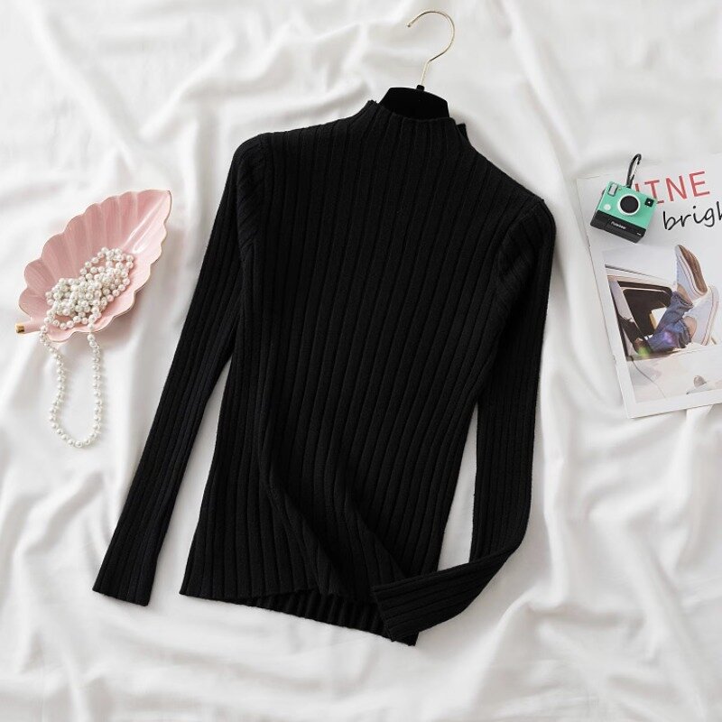 Autumn and Winter 2024 New Half High Collar Knitted Bottoming Tops Women Sweaters Long Sleeve Slim Fit Pullovers Clothes 28744